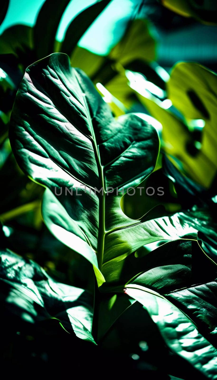 Vibrant Monstera leaves hang gracefully, bathed in soft sunlight filtering through the canopy of a tropical rainforest, creating a serene atmosphere. Generative AI.