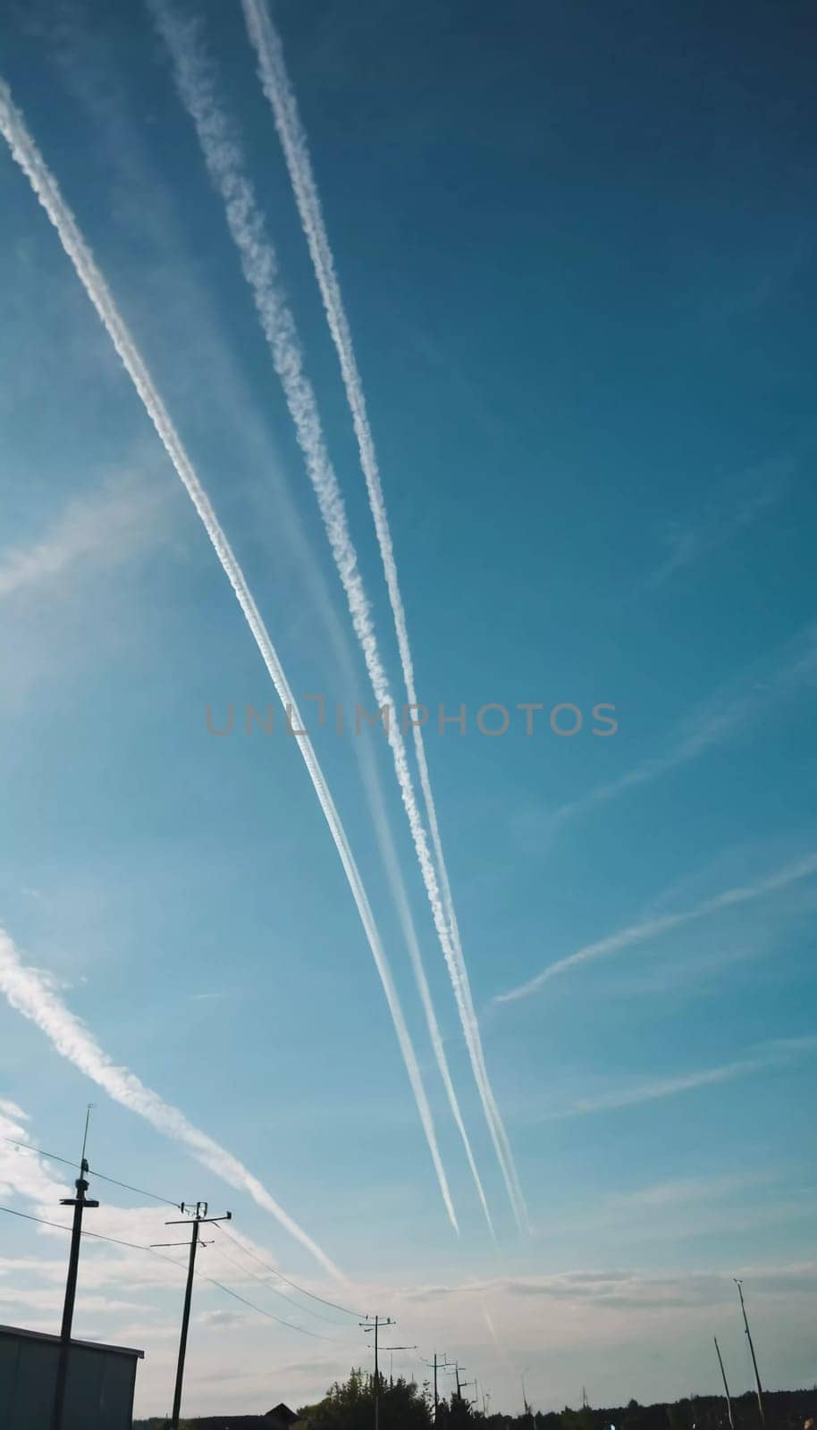 Chemtrail conspiracy theory. Long-lasting condensation trails left in sky by high-flying aircraft are actually chemtrails consisting of chemical or biological agents, sprayed for nefarious purposes