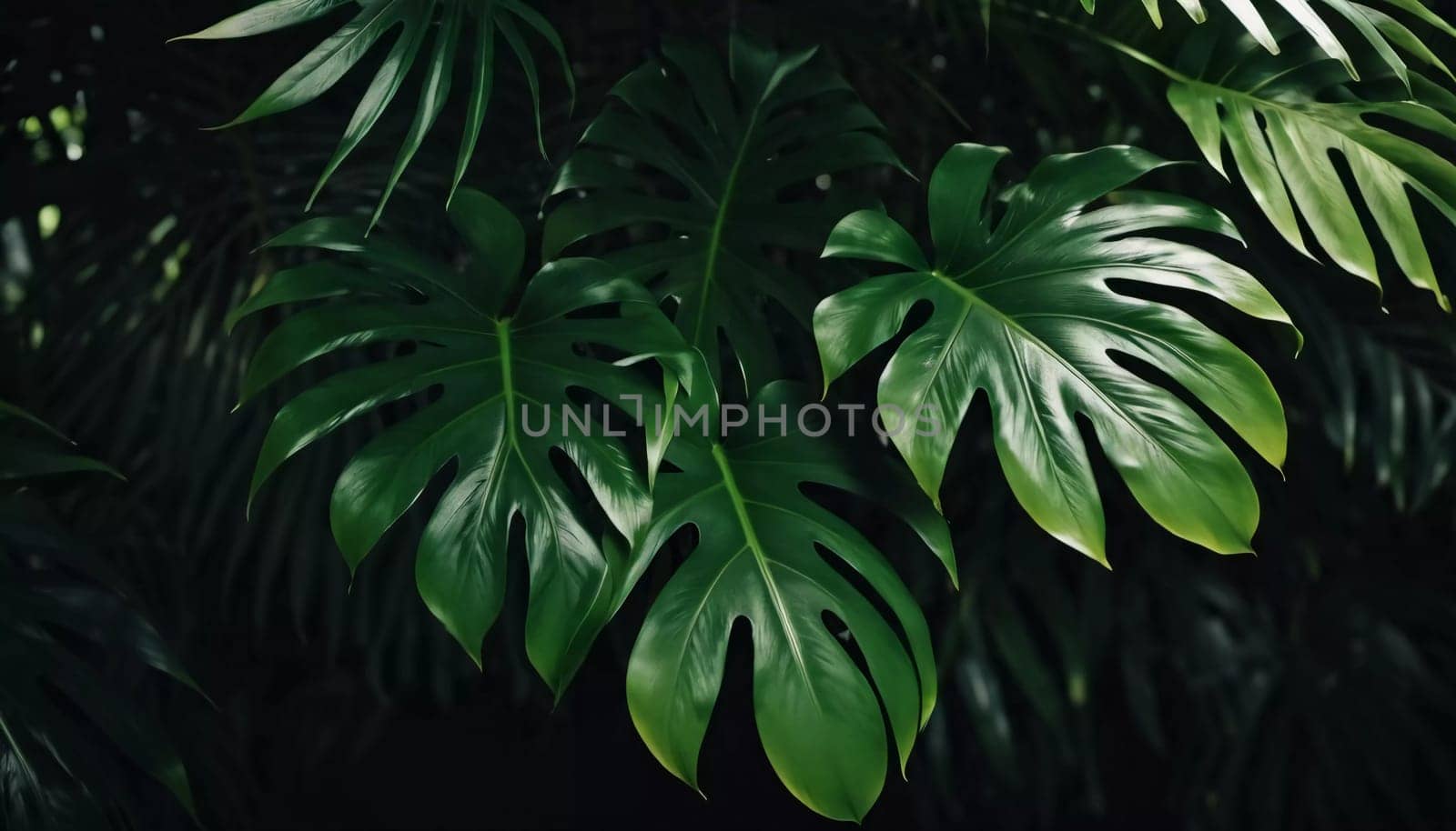 Vibrant Monstera leaves hang gracefully, bathed in soft sunlight filtering through the canopy of a tropical rainforest, creating a serene atmosphere. Generative AI.