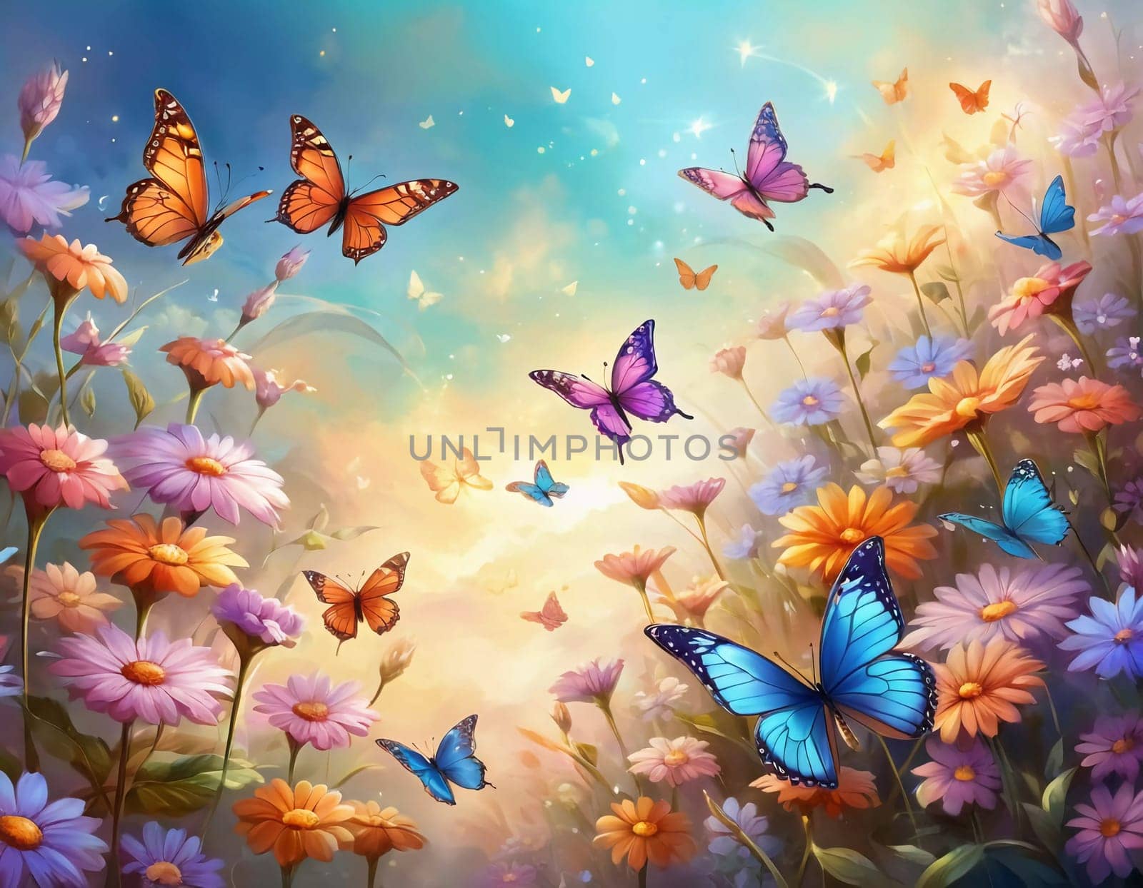 Colorful butterflies dance gracefully among a variety of blooming flowers, illuminated by the warm light of sunrise, creating a peaceful garden atmosphere. Generative AI.