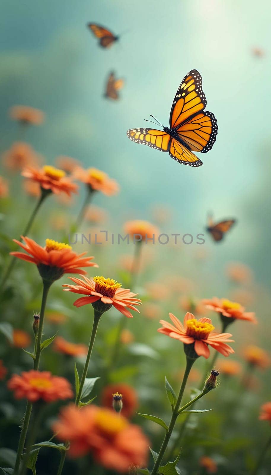 A delicate monarch butterfly gracefully flits above bright orange flowers, surrounded by a soft, blurred background that evokes a serene garden atmosphere. Generative AI.