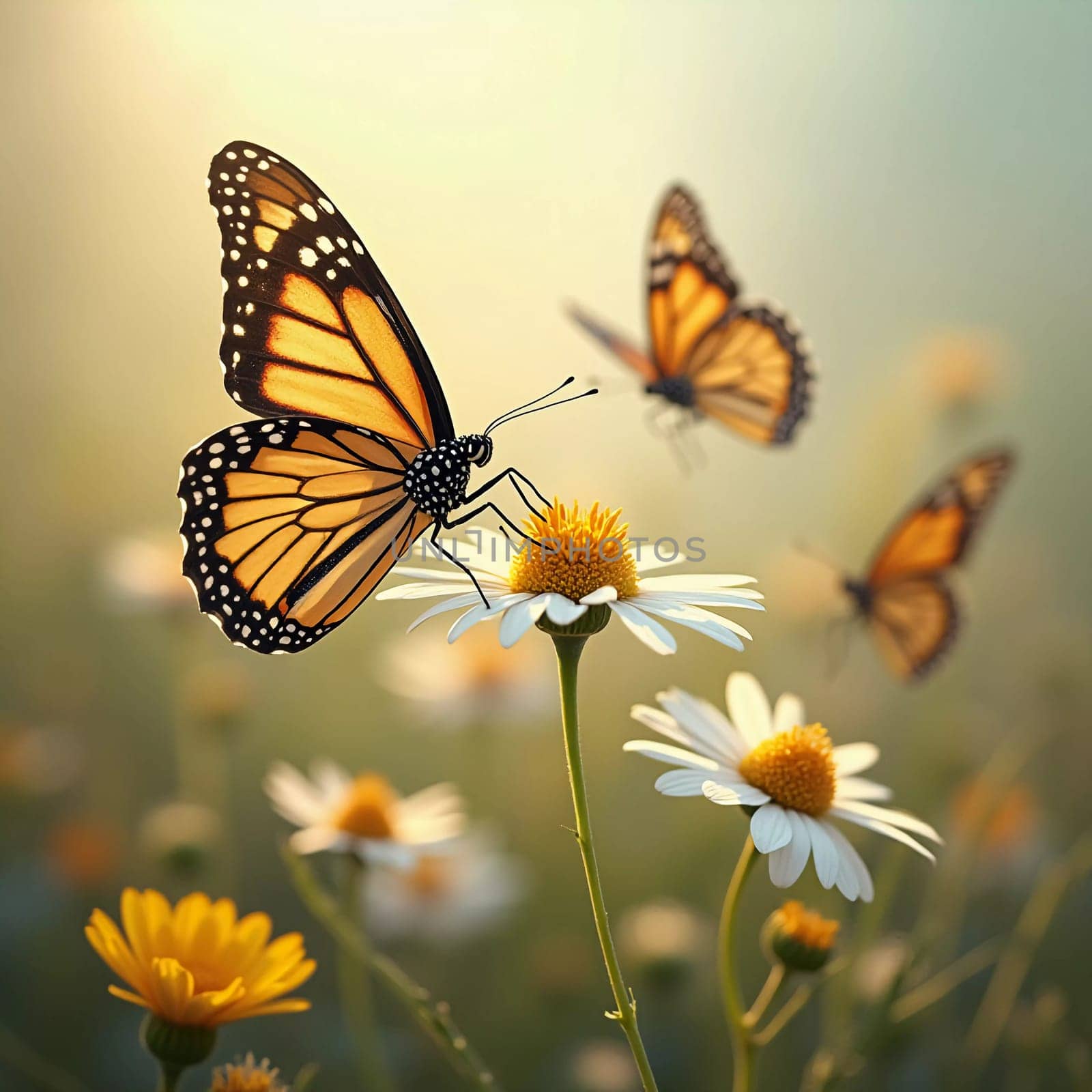 A delicate monarch butterfly gracefully flits above bright orange flowers, surrounded by a soft, blurred background that evokes a serene garden atmosphere. Generative AI.