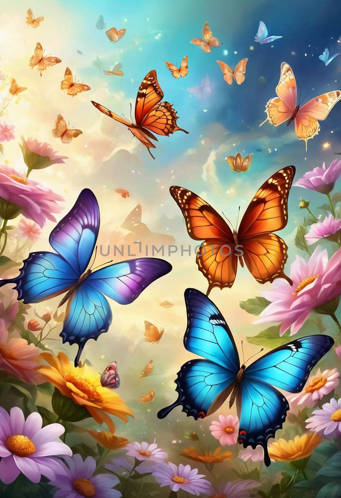 Colorful butterflies dance gracefully among a variety of blooming flowers, illuminated by the warm light of sunrise, creating a peaceful garden atmosphere. Generative AI.