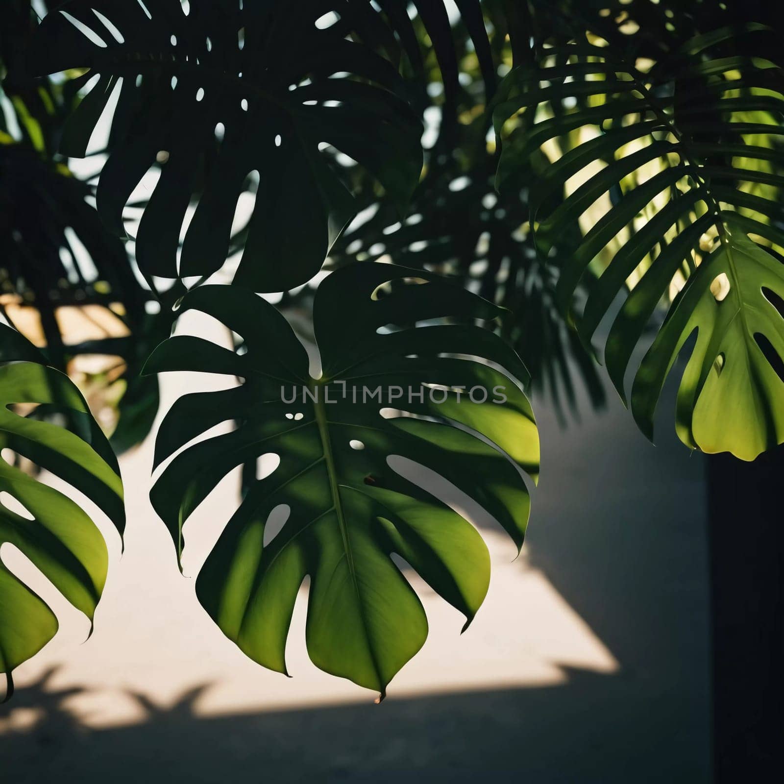 Vibrant Monstera leaves hang gracefully, bathed in soft sunlight filtering through the canopy of a tropical rainforest, creating a serene atmosphere. Generative AI.