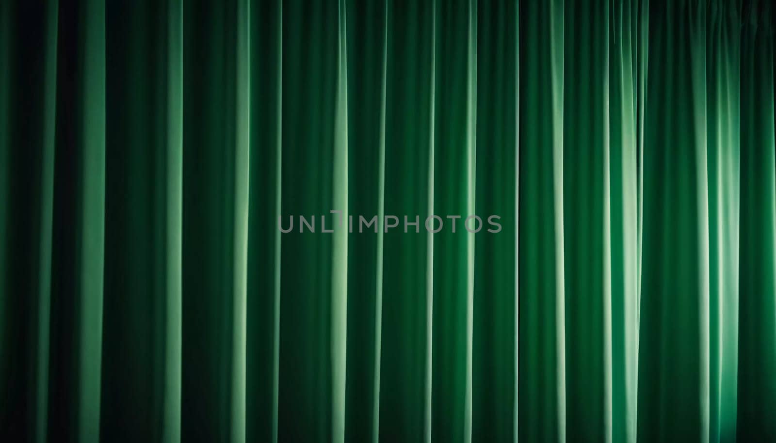 Curtain with soft smooth flowing folds. Deep green color and luxurious texture create a dramatic and elegant atmosphere. Decoration and interior design. Expensive curtain made of rich fabric. AI