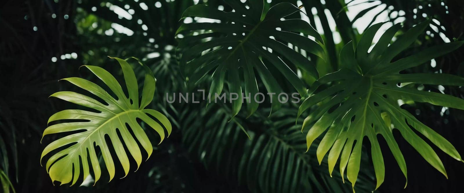 Vibrant Monstera leaves hang gracefully, bathed in soft sunlight filtering through the canopy of a tropical rainforest, creating a serene atmosphere. Generative AI.
