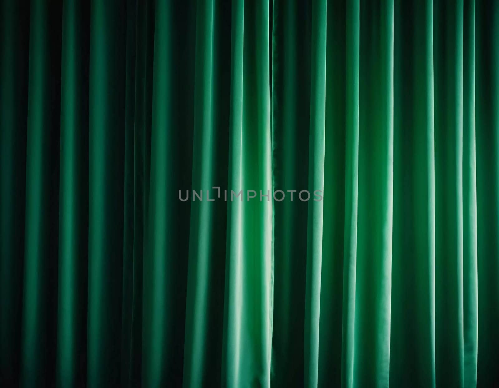 Curtain with soft smooth flowing folds. Deep green color and luxurious texture create a dramatic and elegant atmosphere. Decoration and interior design. Expensive curtain made of rich fabric. AI