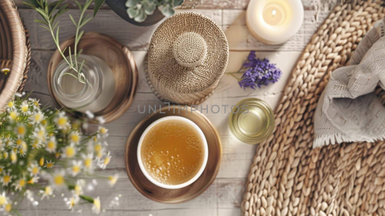 Top down view of organic skincare and relaxation