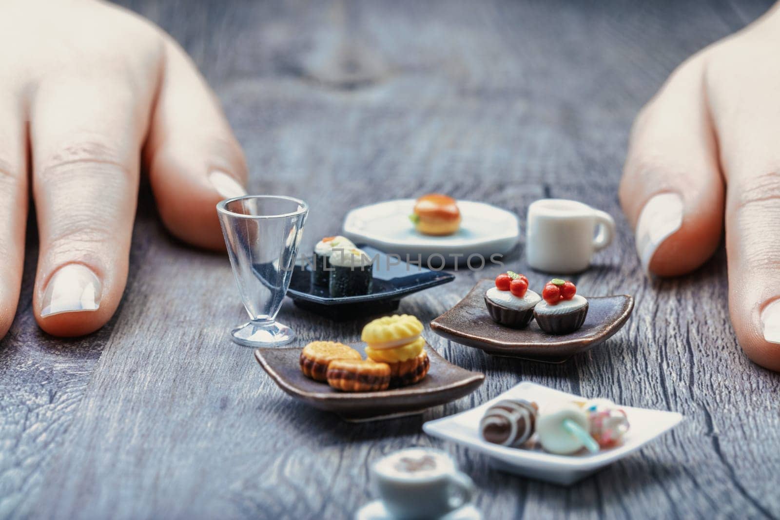 These miniature sushi, pastries, and coffee represent proper nutritional portions. While tempting and visually delightful, they feel tiny and unsatisfying without discipline to manage cravings