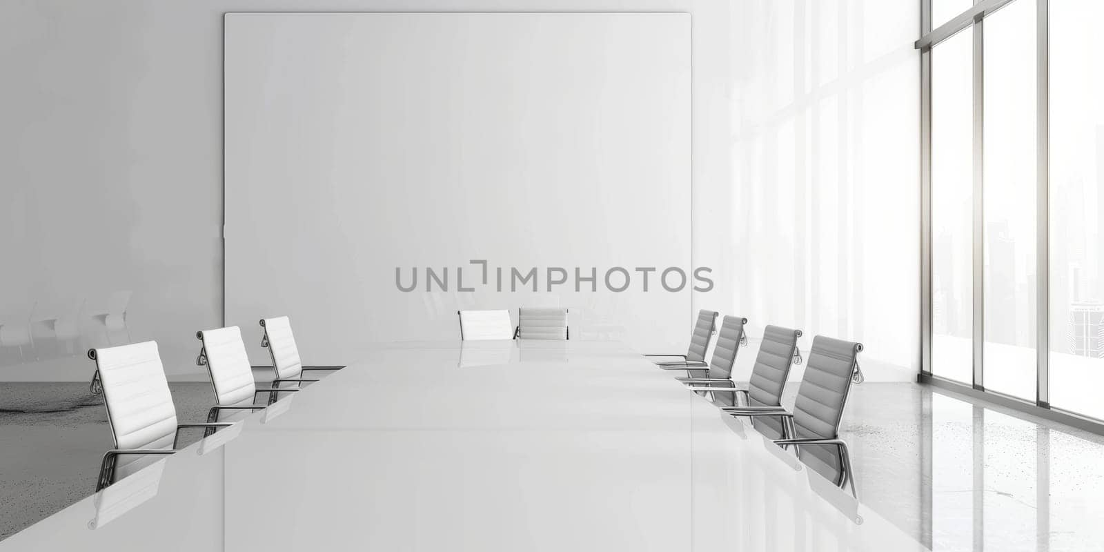 A large white board with a few chairs around it. The chairs are arranged in a semi circle around the board