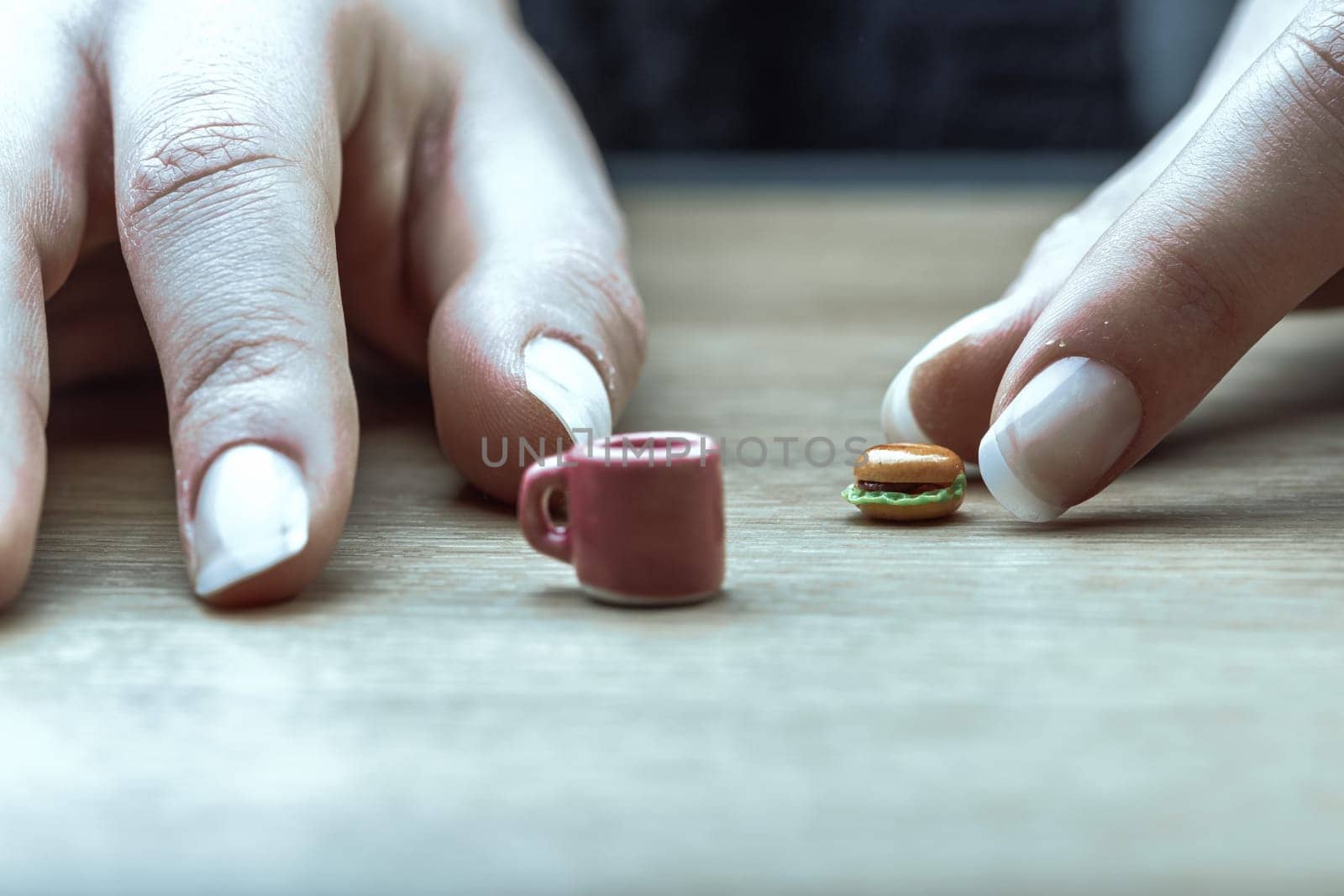 Small portions like this burger and coffee represent nutritionally accurate servings. Despite their visual appeal, they seem unsatisfying, reminding us of the discipline needed for diet adherence