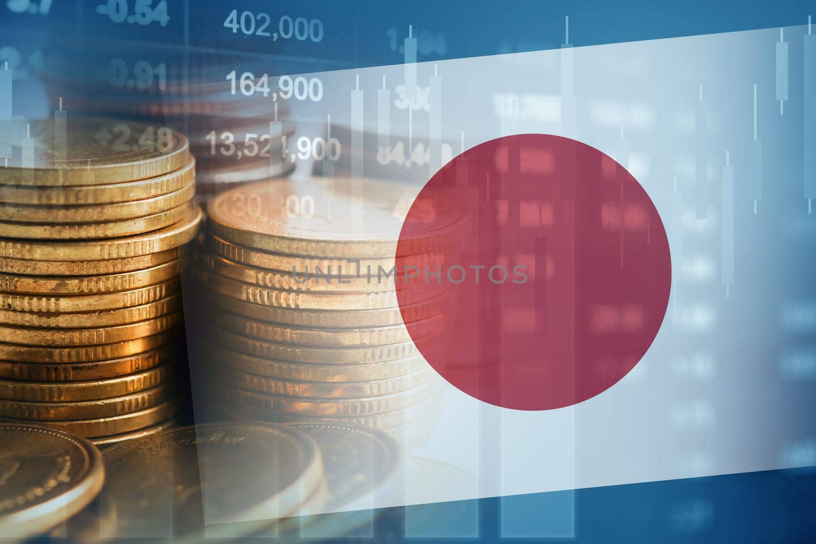 Japan flag with stock market finance, economy trend graph digital technology.