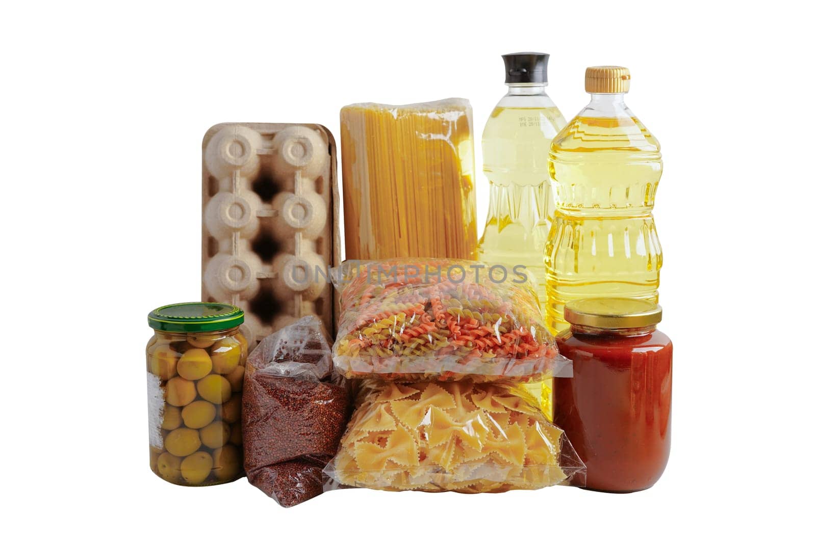 Foodstuffs for donation isolated on white background with clipping path for volunteer to help people.