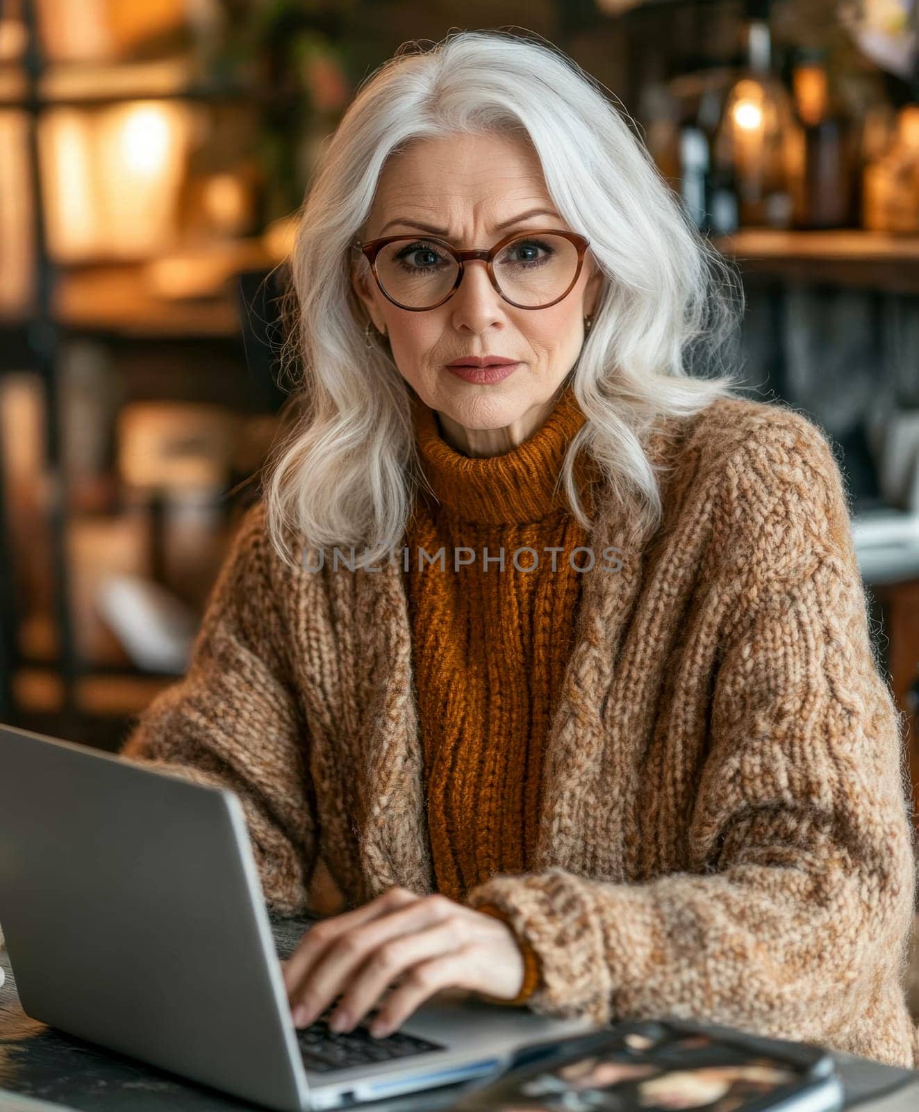 An elderly woman using a laptop computer AI generative.