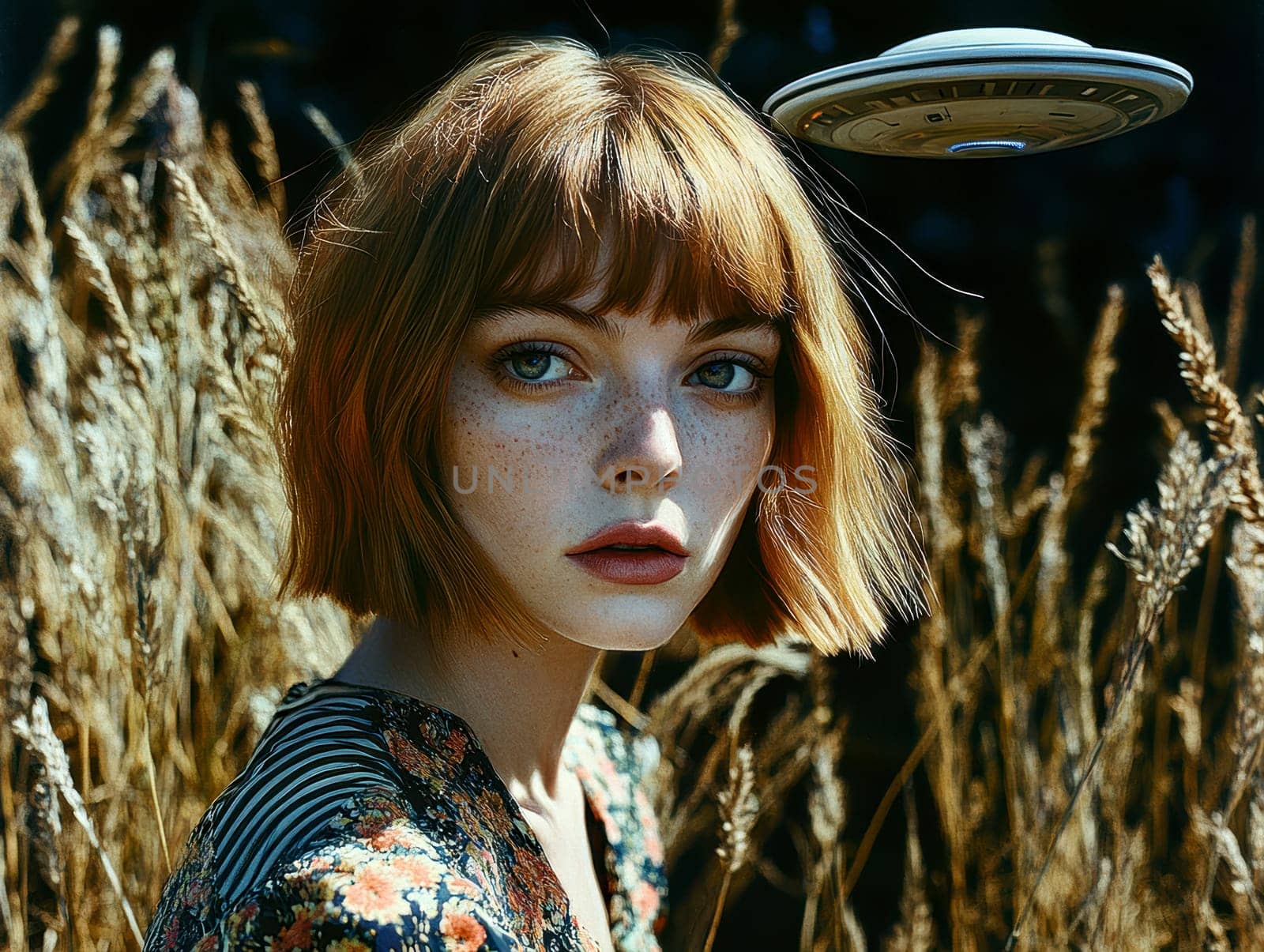Paint oil colors eye-catching hyper-detailed realism fantastic retro-futuristic portrait of straight short cut and bangs magenta hair slight sulky young albino woman 70's glamorous clothing on background dressed, portrait of famous people Dakota Fanning, the woman is standing in the middle of a striped black and electric cobalt grass field michael sewa edward hopper style, fuchsia moon, ufo disk flying in the starry black night sky, Bo Bartlett, Tom Bagshaw --chaos 30 --ar 4:3 --style raw --stylize 300 --v 6.1 Job ID: 495d0440-a865-4ebe-b619-d3c7b6ea0c24