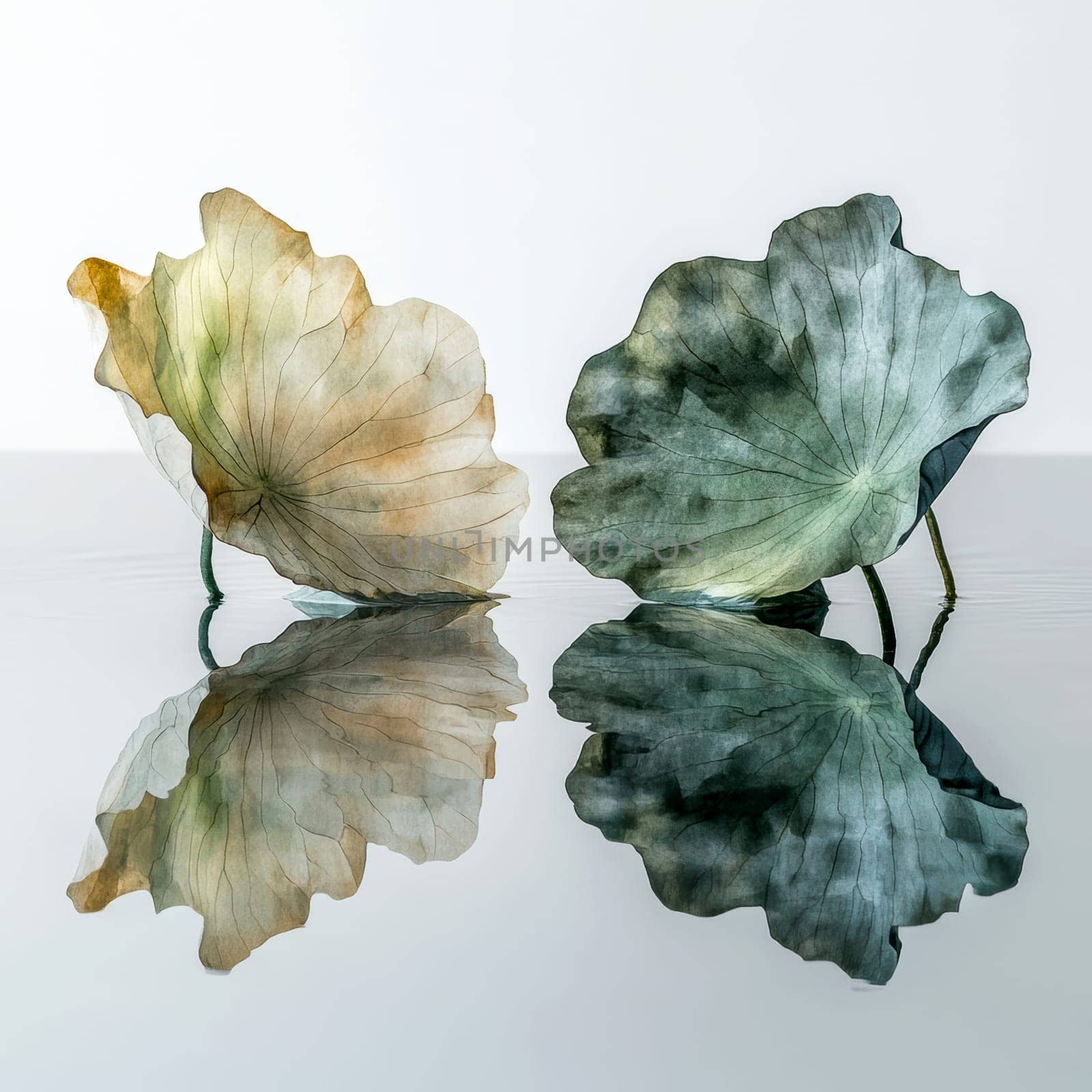 Lotus leaf, water reflection, perspective aesthetics, soft gradient colors, red and yellow, minimalist image from ancient China. AI generative.