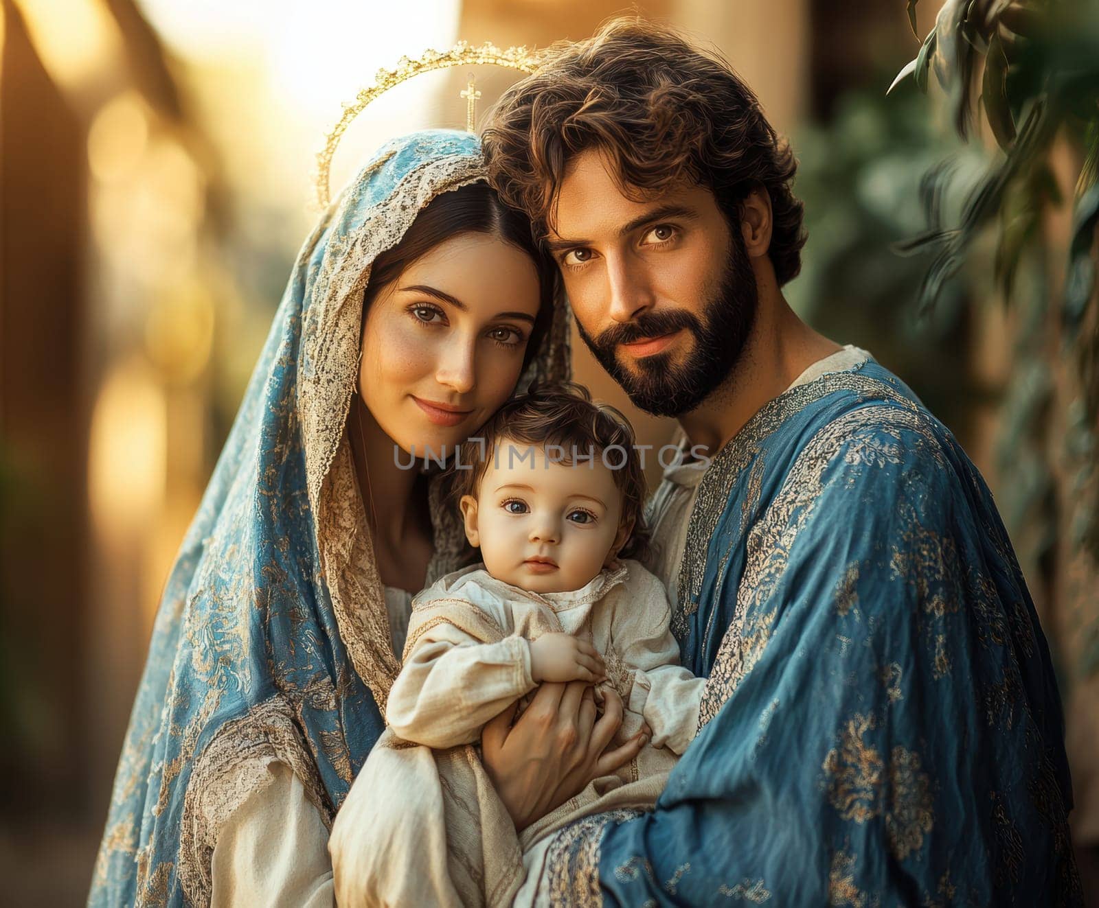 The painting depicts Mary, Joseph and the baby Jesus in a peaceful and holy scene, with Mary cradling Jesus in her arms and Joseph standing protectively by their side.AI generative.