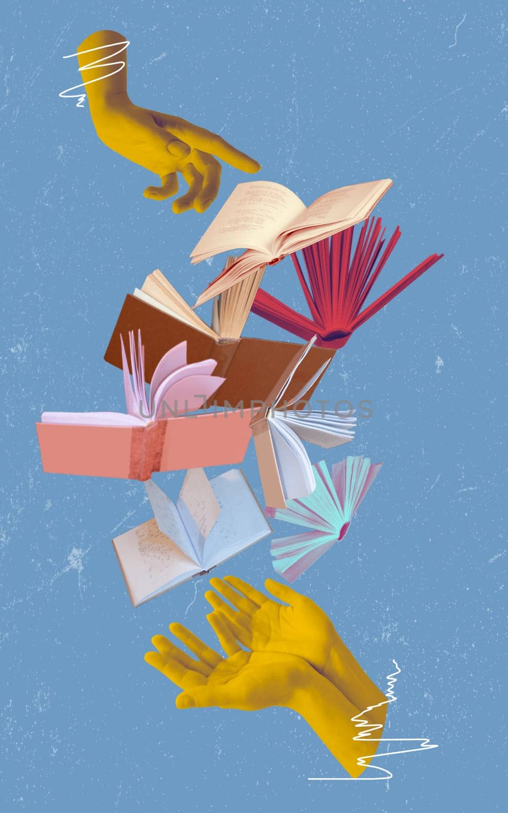 Human hand and open books over abstract background. Contemporary art collage. Concept of education, reading, knowledge. Design
