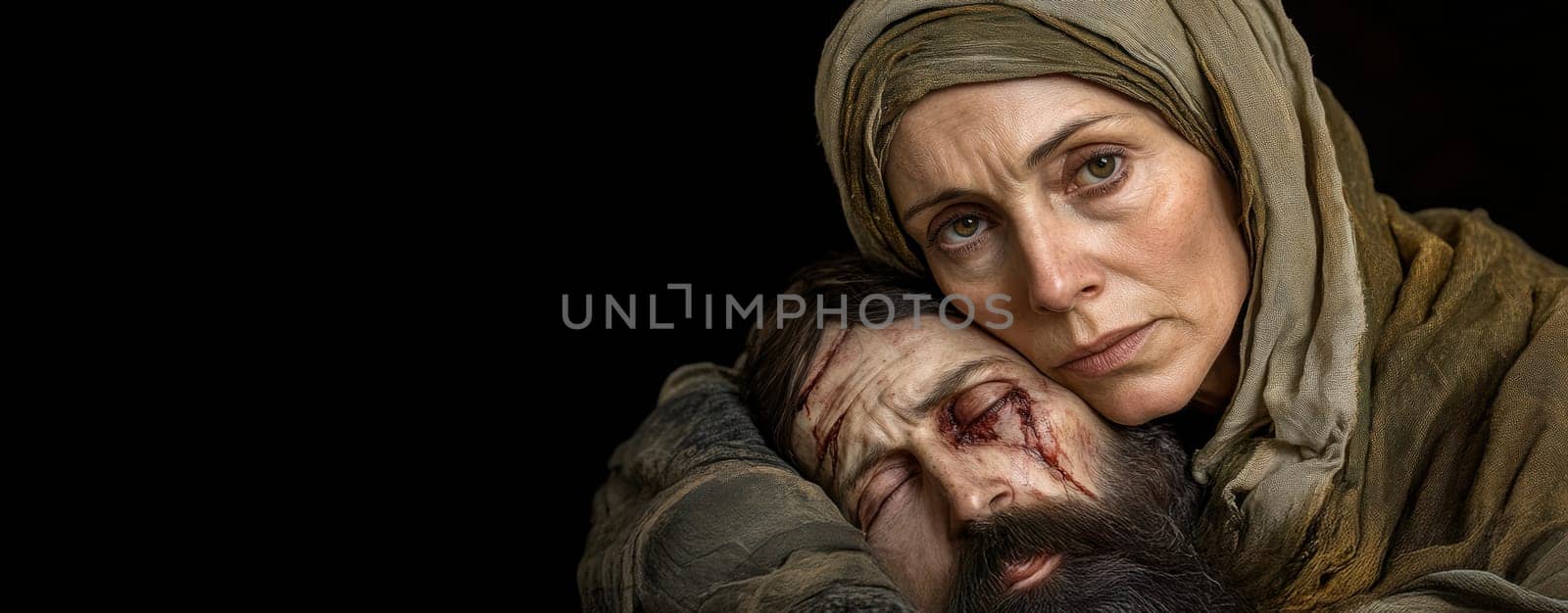 Mother of God with the dying Jesus in her arms. AI generative.