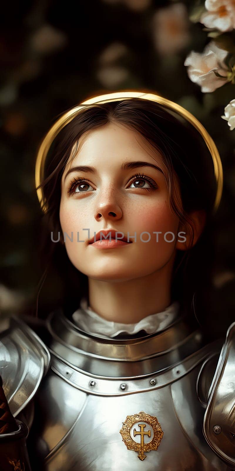Joan of Arc, set against a dark background adorned with subtle flowers.  AI generative.