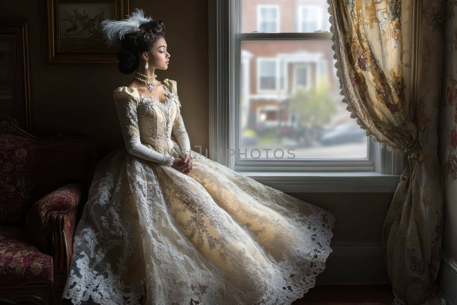 elegant woman from the Victorian era standing in a richly decorated parlor. AI generative.