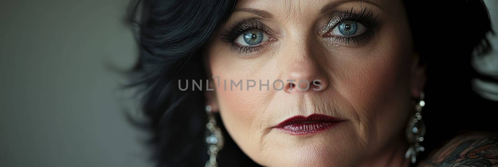 Close-up portrait of a middle-aged woman with black hair, blue eyes and dark red lipstick earrings and necklace. She has tattoos on her arms. AI generative.