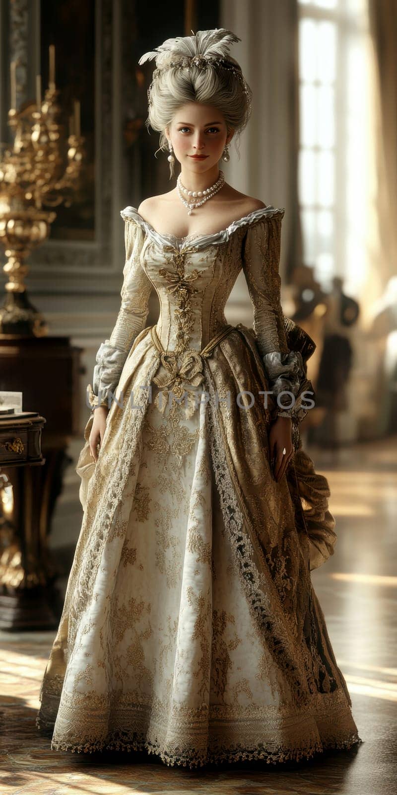 elegant woman from the Victorian era standing in a richly decorated parlor. AI generative.