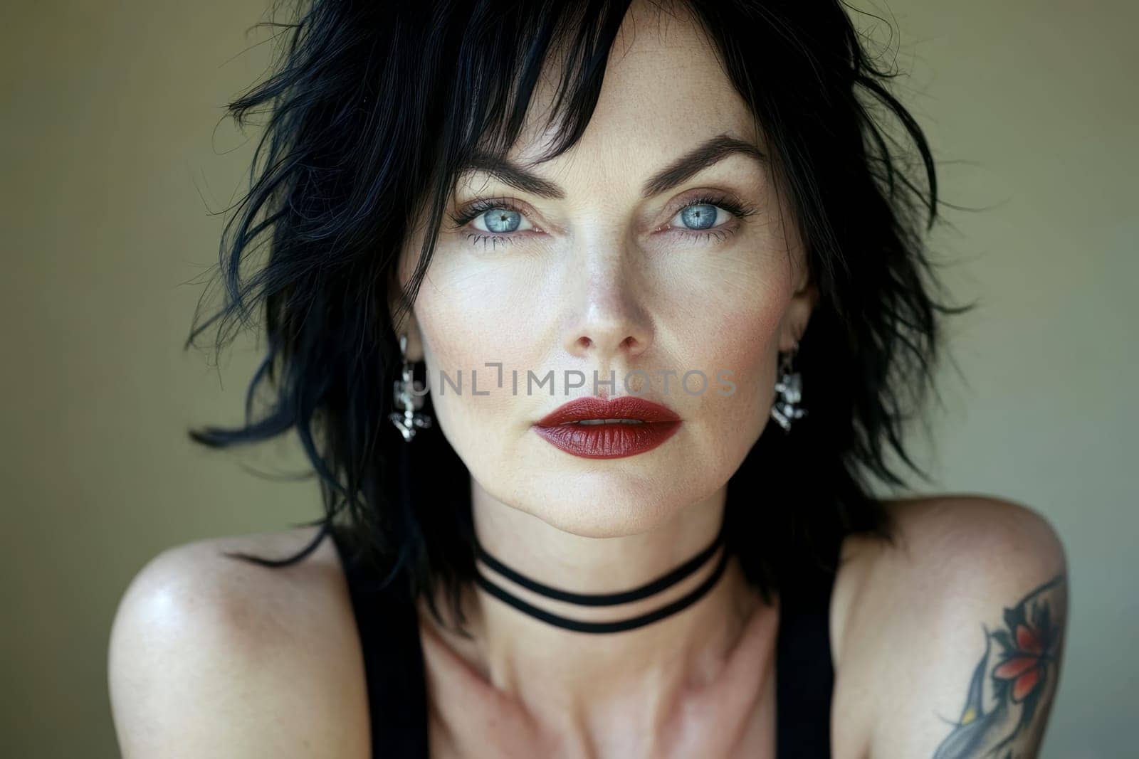 Close-up portrait of a middle-aged woman with black hair, blue eyes and dark red lipstick earrings and necklace. She has tattoos on her arms. AI generative.