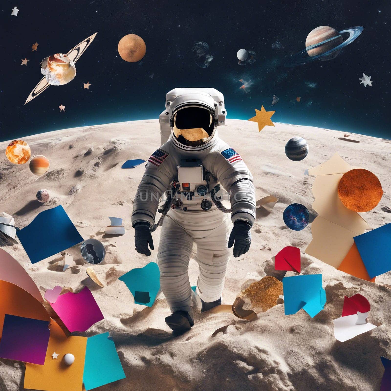 Surreal Astronaut in Space-Themed Collage with Colorful Planets and Stars