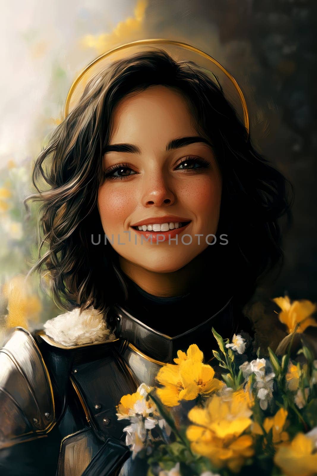 Joan of Arc, set against a dark background adorned with subtle flowers.  AI generative.