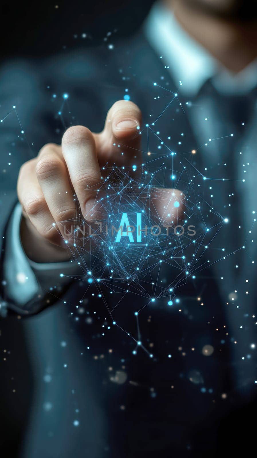 Businessman touches blue AI letters  in cloud. AI generative.