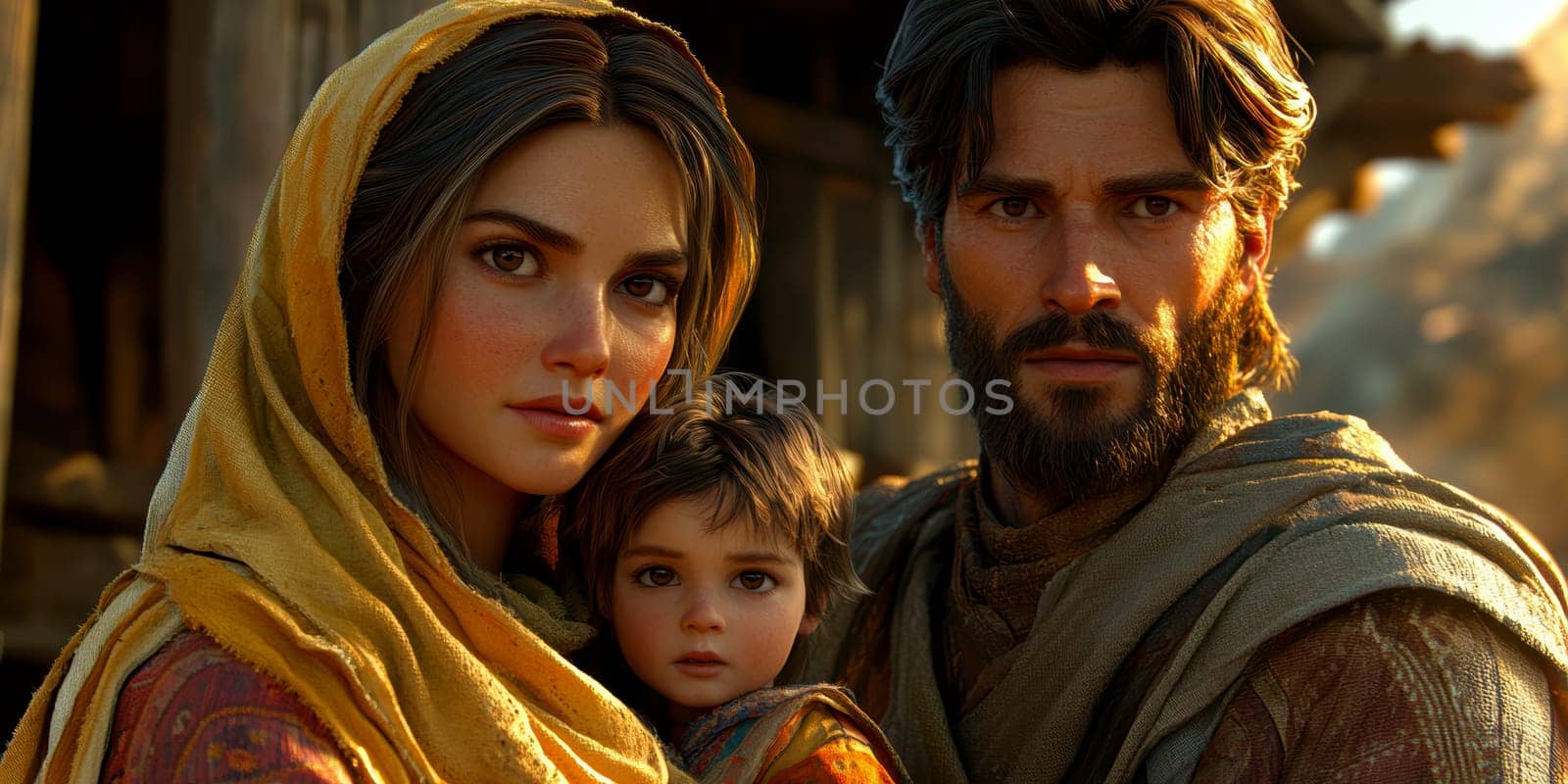 The painting depicts Mary, Joseph and the baby Jesus in a peaceful and holy scene, with Mary cradling Jesus in her arms and Joseph standing protectively by their side.AI generative.