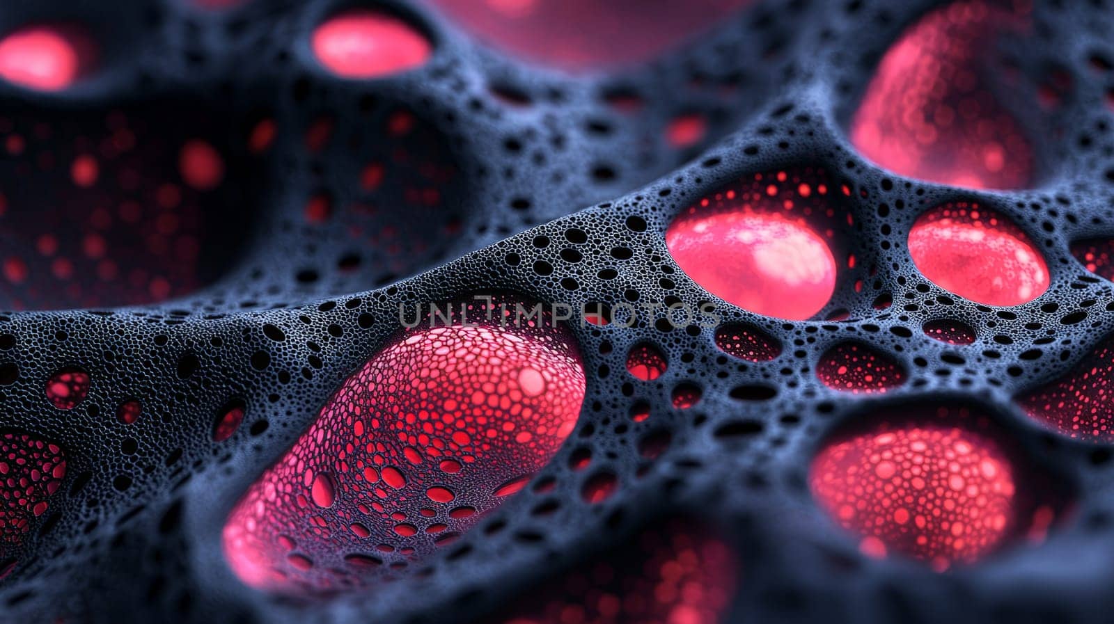 This mesmerizing high-resolution image showcases intricate black filigree fractal biogen nanostructures, highlighted by vibrant pink glowing holes. The exceptional detail and high contrast emphasize the delicate yet complex structure, blending organic and futuristic elements. The pink glow adds a touch of surreal beauty, drawing attention to the visual harmony of the design.