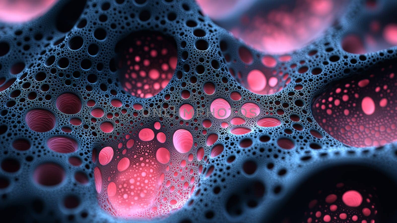 This mesmerizing high-resolution image showcases intricate black filigree fractal biogen nanostructures, highlighted by vibrant pink glowing holes. The exceptional detail and high contrast emphasize the delicate yet complex structure, blending organic and futuristic elements. The pink glow adds a touch of surreal beauty, drawing attention to the visual harmony of the design.