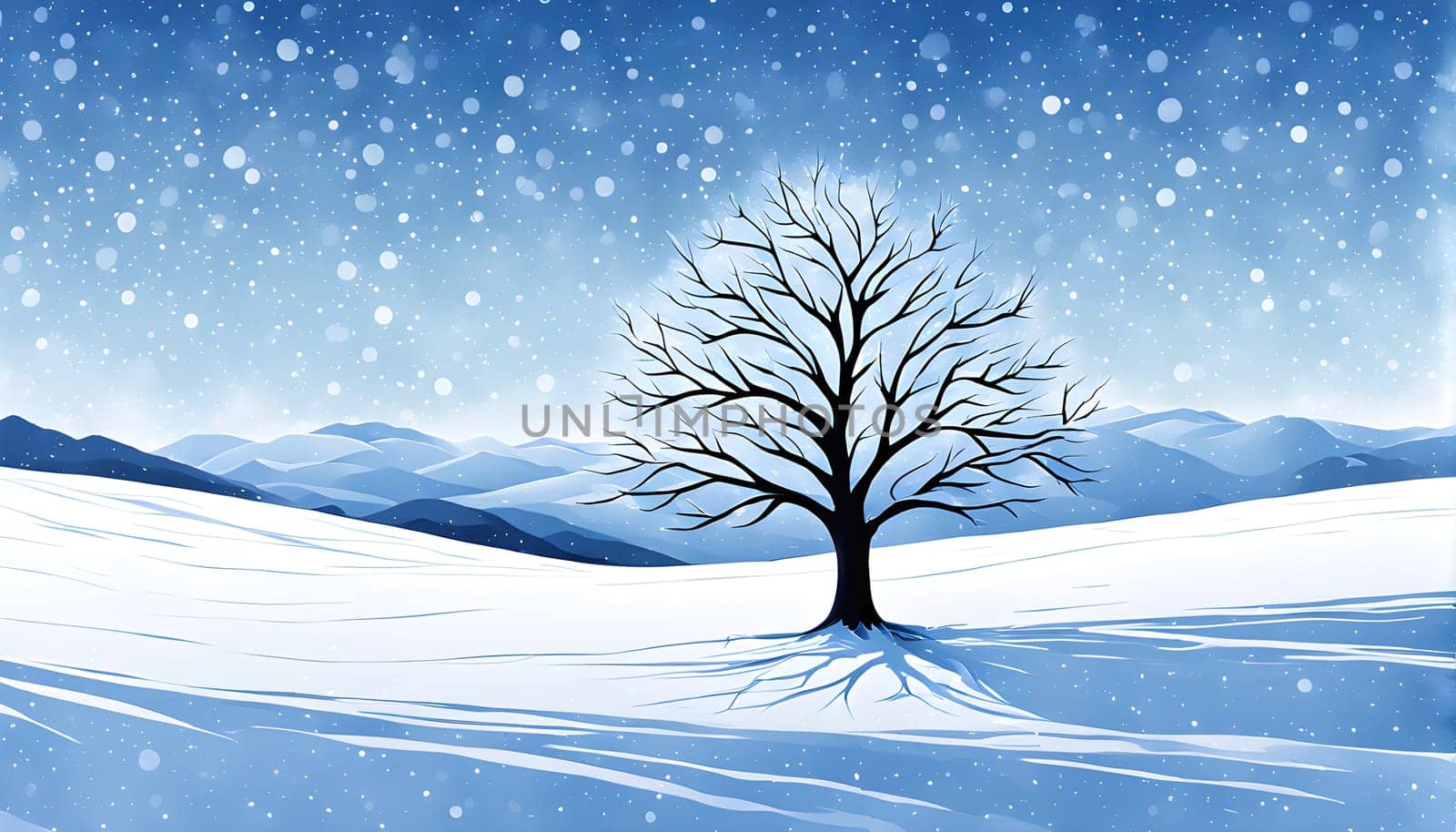 Abstract minimalist winter scene with a single, sharp silhouette of a deer and of a snow-covered tree on a vast, white canvas