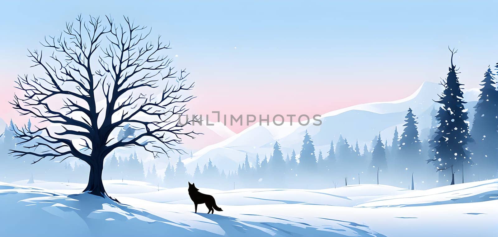 Abstract minimalist winter scene with a single, sharp silhouette of a deer and of a snow-covered tree on a vast, white canvas