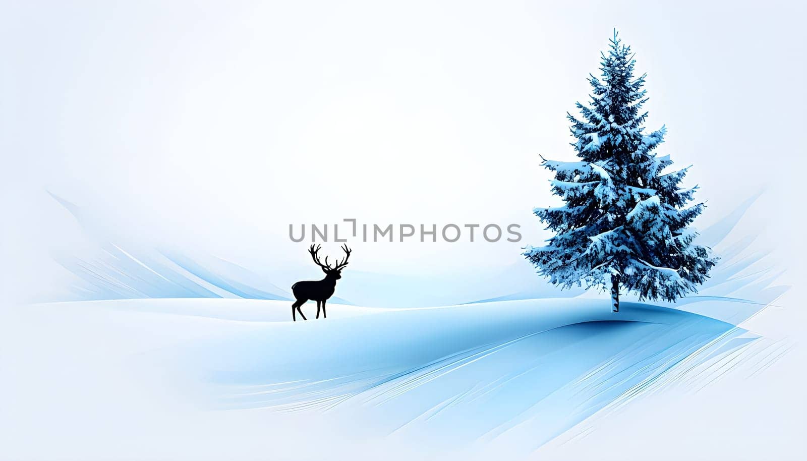 Abstract minimalist winter scene with a single, sharp silhouette of a deer and of a snow-covered tree on a vast, white canvas