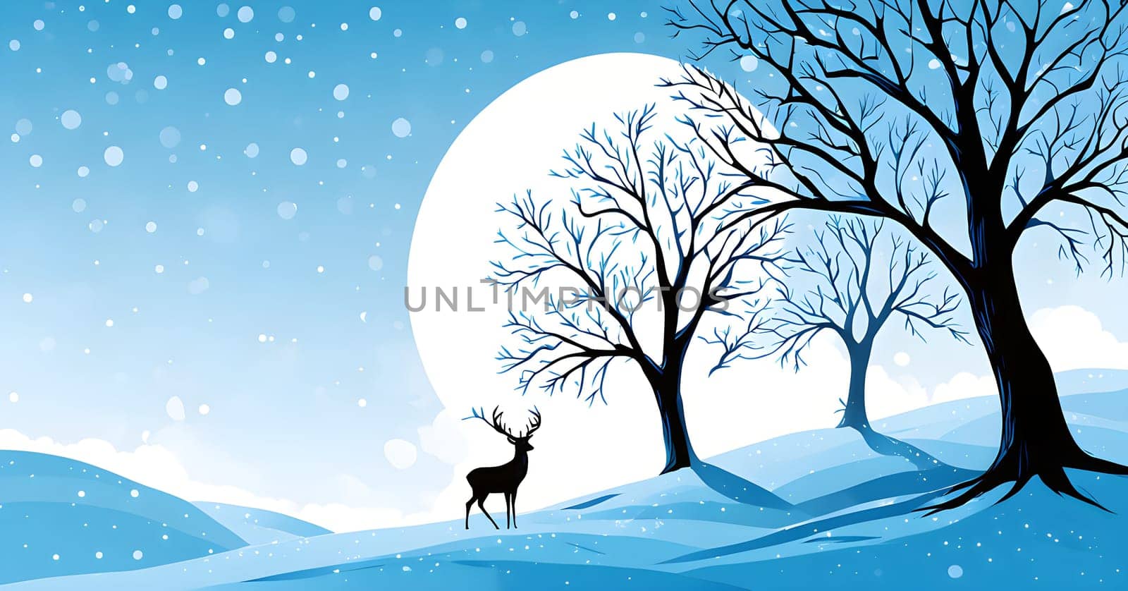 Abstract minimalist winter scene with a single, sharp silhouette of a deer and of a snow-covered tree on a vast, white canvas