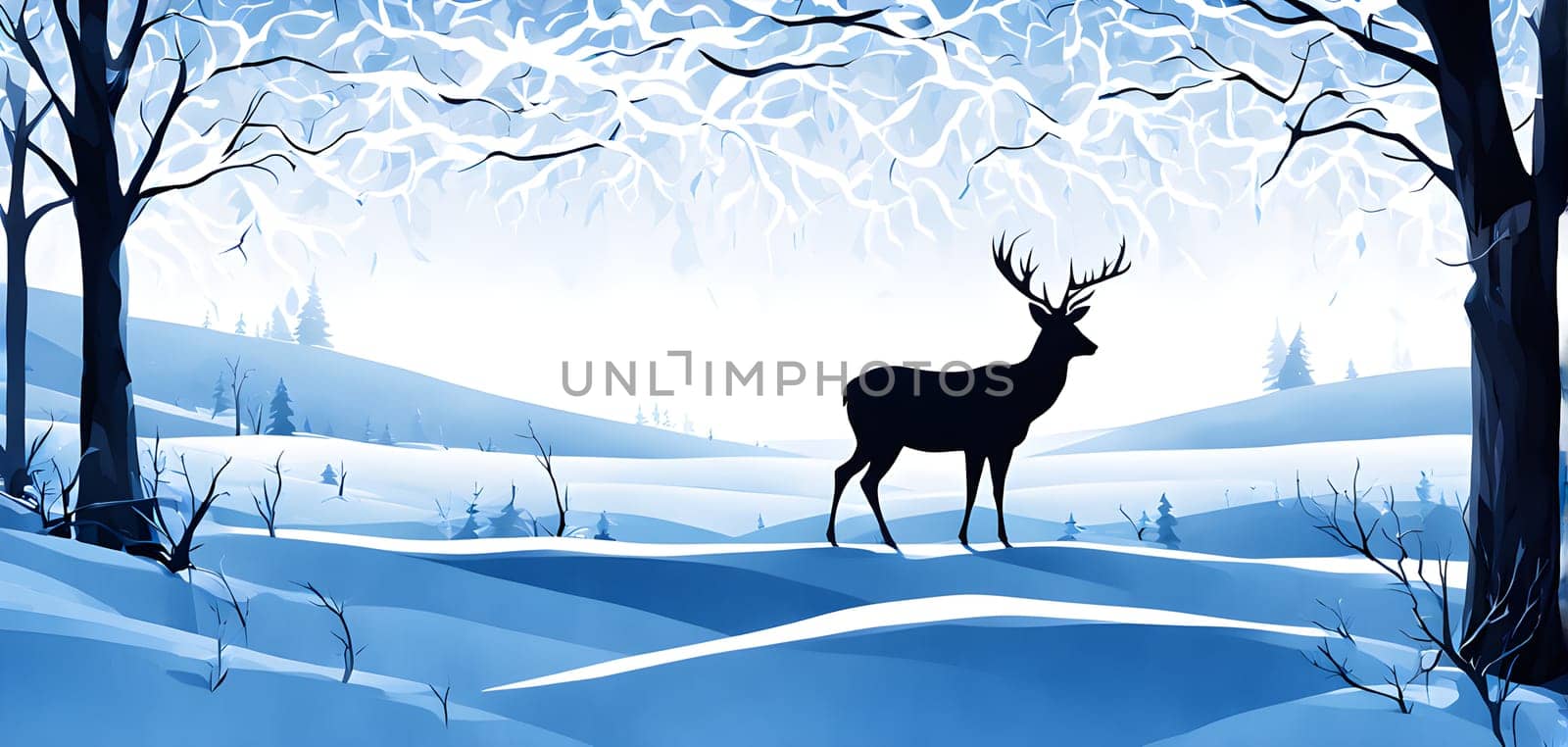 Abstract minimalist winter scene with a single, sharp silhouette of a deer and of a snow-covered tree on a vast, white canvas