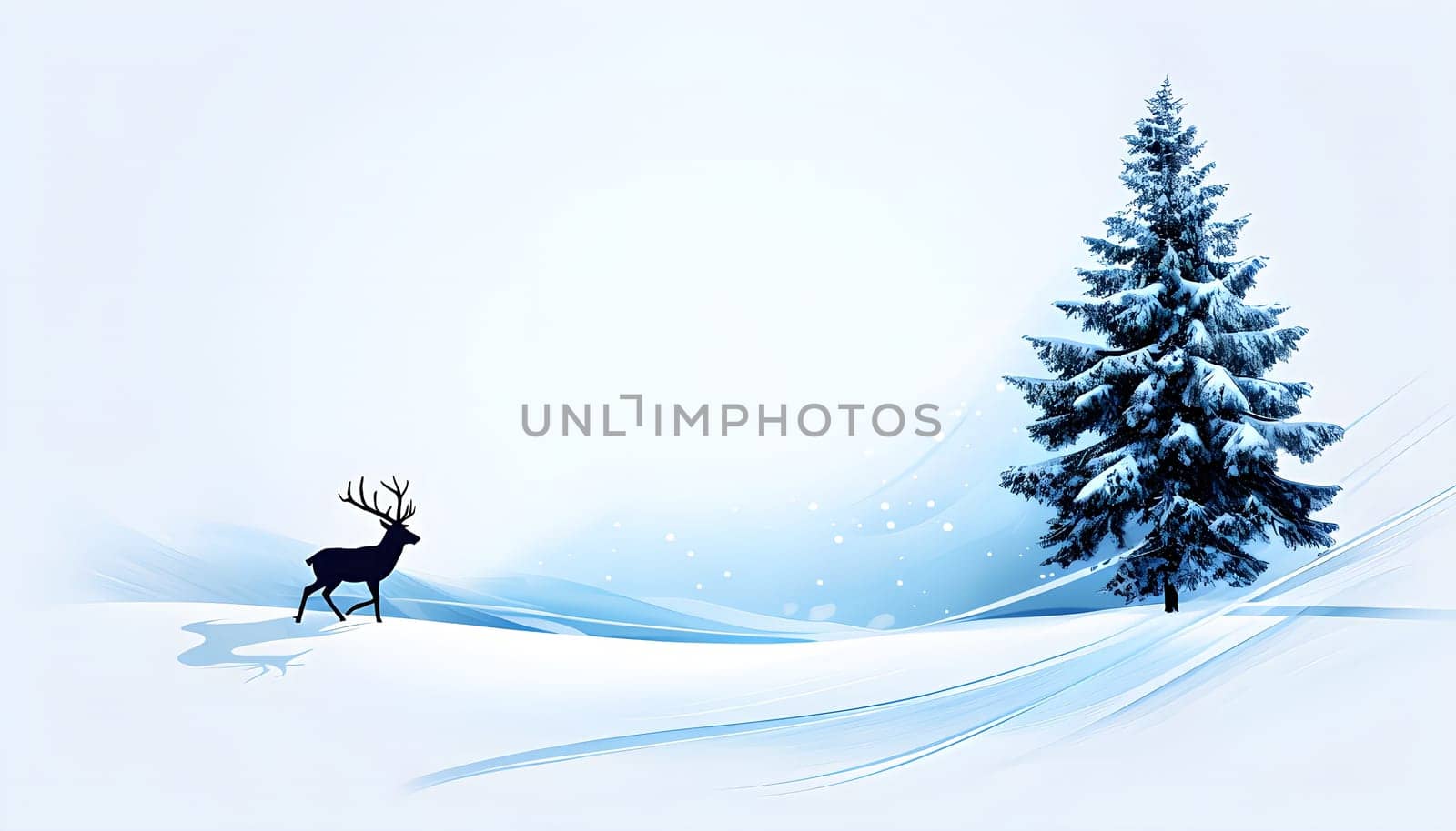 Abstract minimalist winter scene with a single, sharp silhouette of a deer and of a snow-covered tree on a vast, white canvas