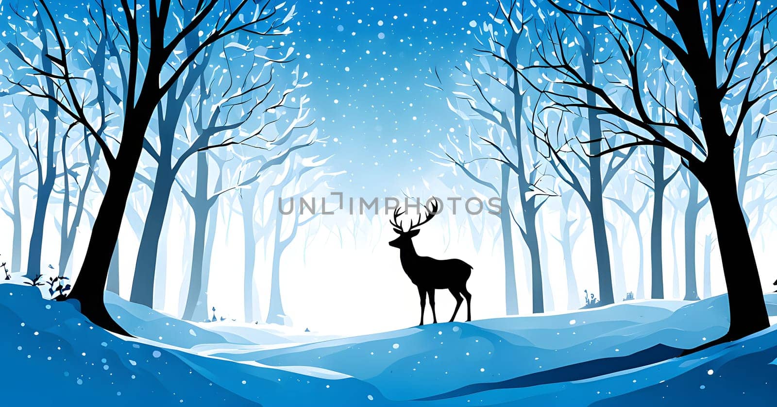 Abstract minimalist winter scene with a single, sharp silhouette of a deer and of a snow-covered tree on a vast, white canvas