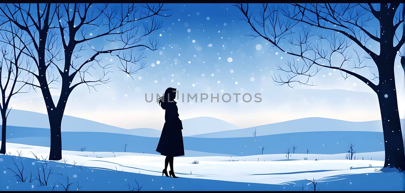 Abstract minimalist winter scene with a single, sharp silhouette of a deer and of a snow-covered tree on a vast, white canvas