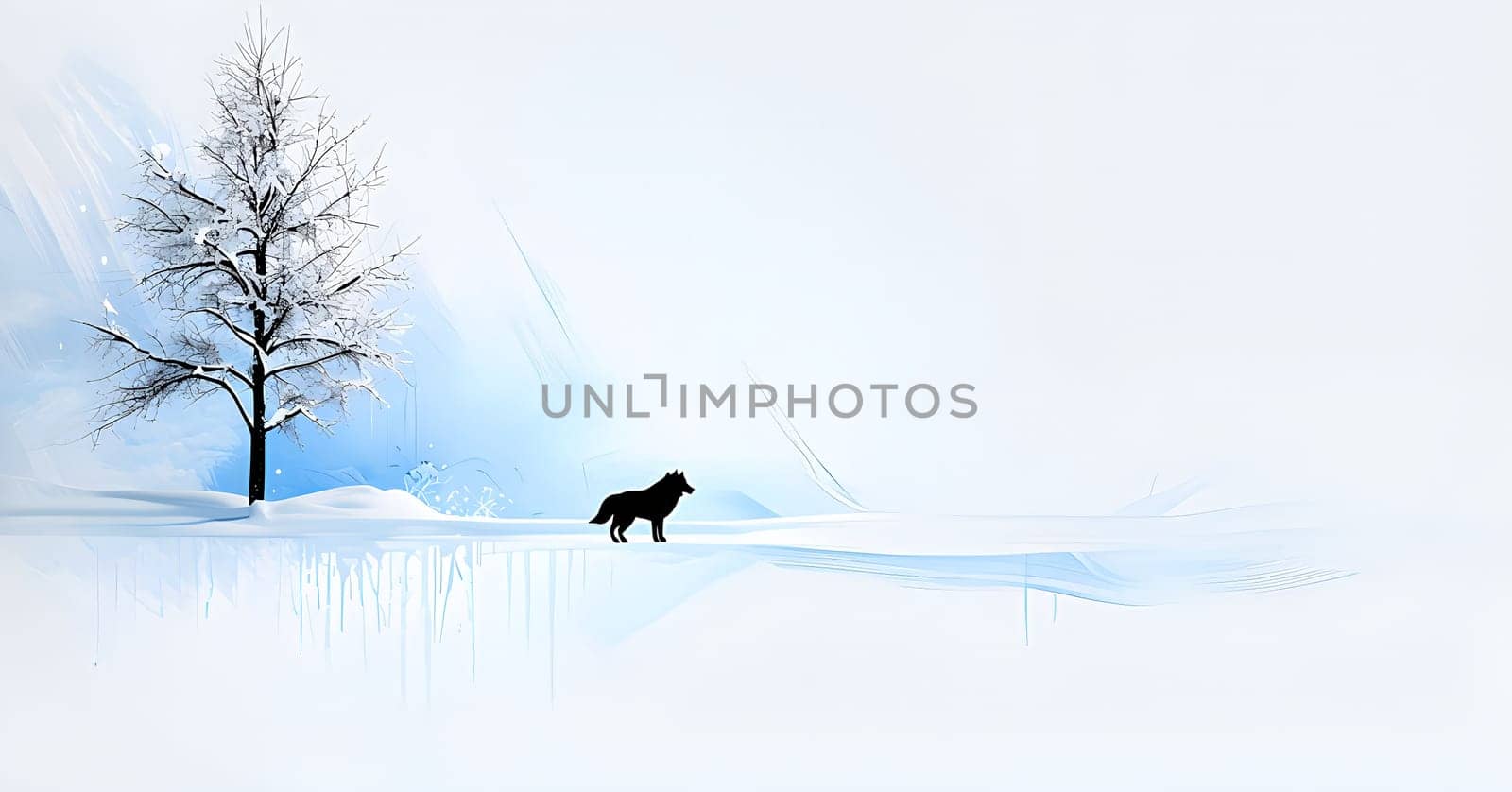 Abstract minimalist winter scene with a single, sharp silhouette of a deer and of a snow-covered tree on a vast, white canvas