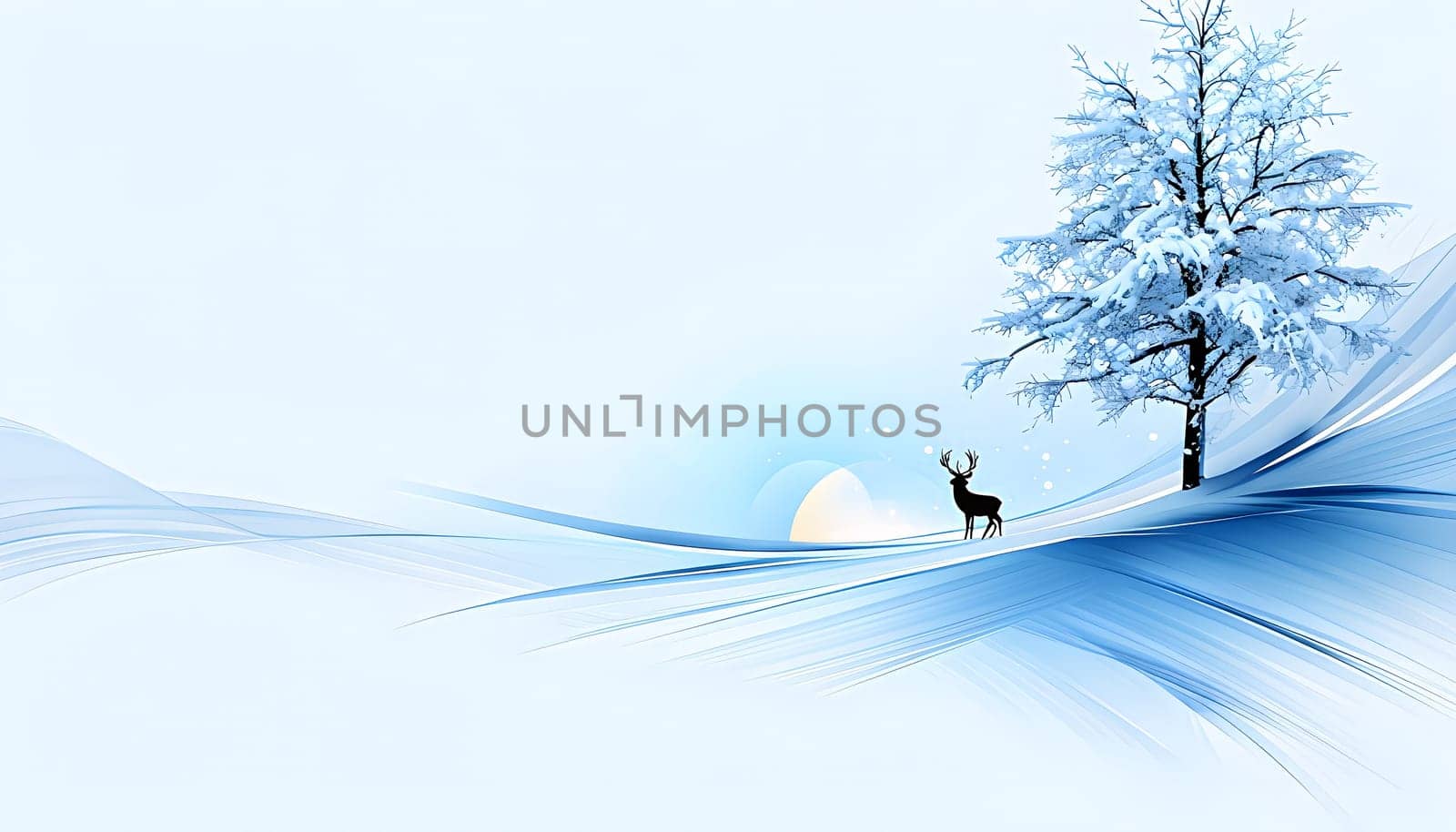 Abstract minimalist winter scene with a single, sharp silhouette of a deer and of a snow-covered tree on a vast, white canvas