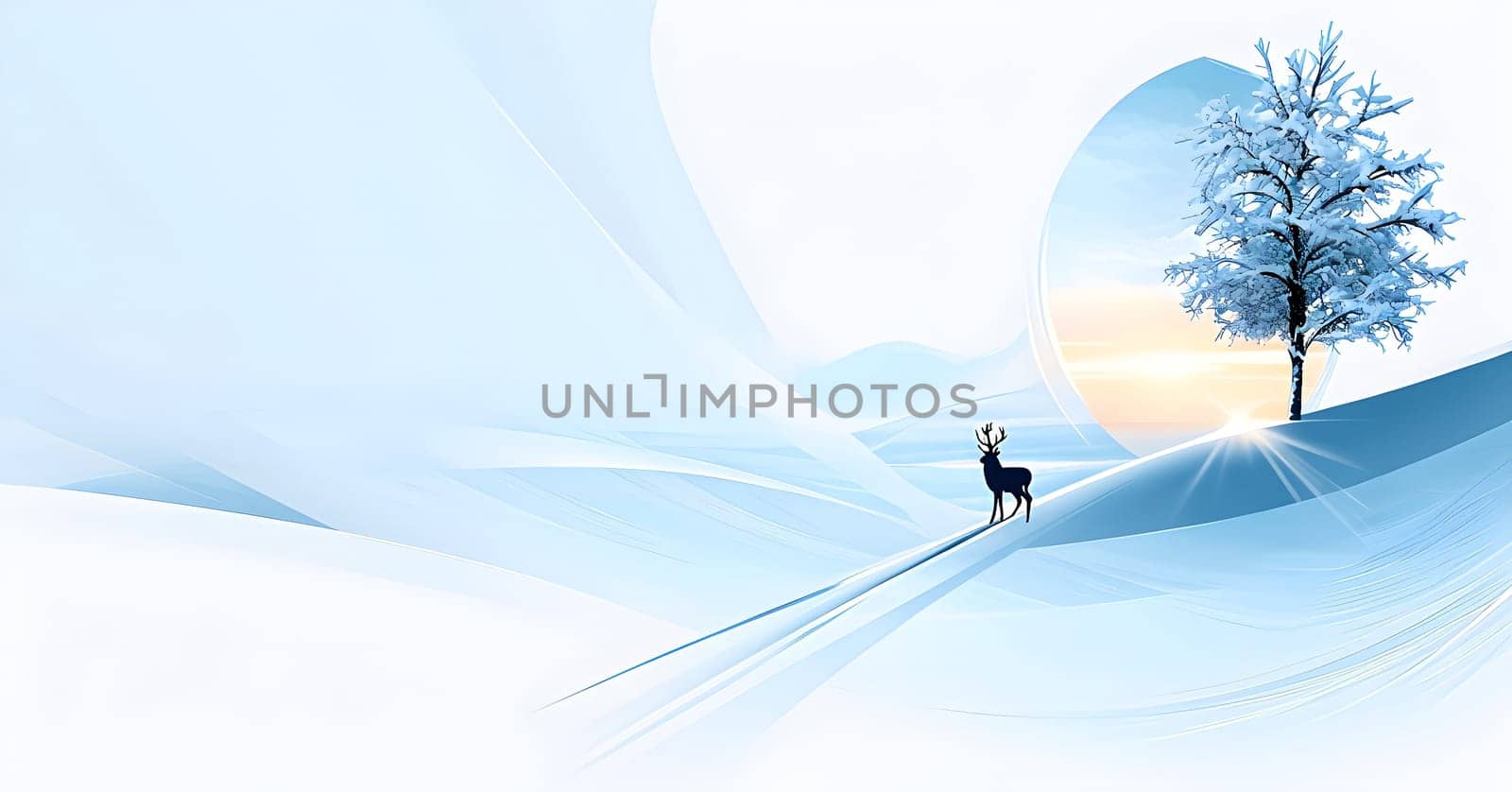 Abstract minimalist winter scene with a single, sharp silhouette of a deer and of a snow-covered tree on a vast, white canvas