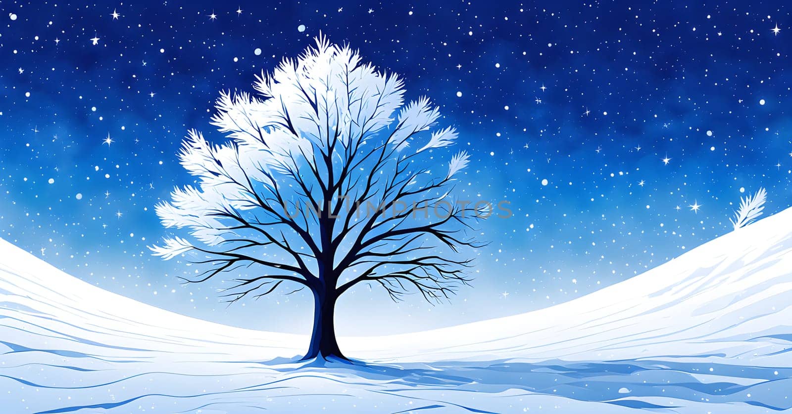 Abstract minimalist winter scene with a single, sharp silhouette of a deer and of a snow-covered tree on a vast, white canvas