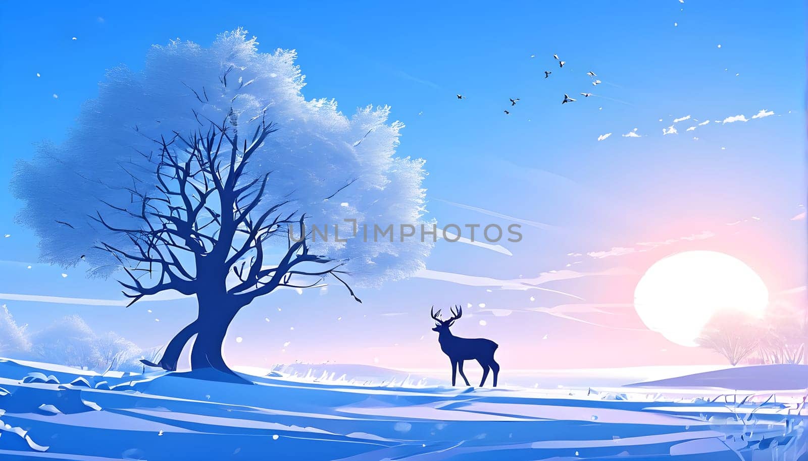 Abstract minimalist winter scene with a single, sharp silhouette of a deer and of a snow-covered tree on a vast, white canvas