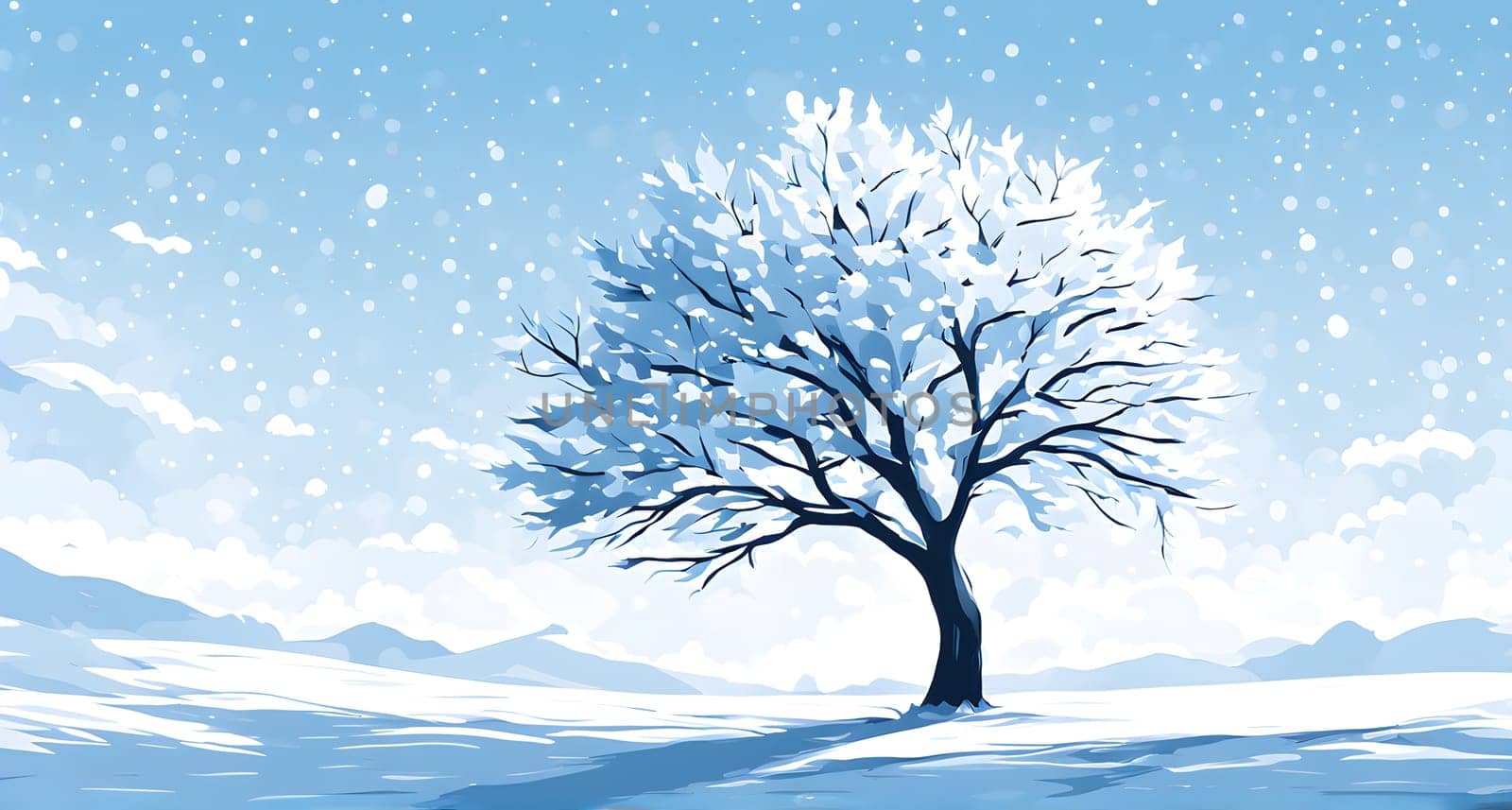 Abstract minimalist winter scene with a single, sharp silhouette of a deer and of a snow-covered tree on a vast, white canvas