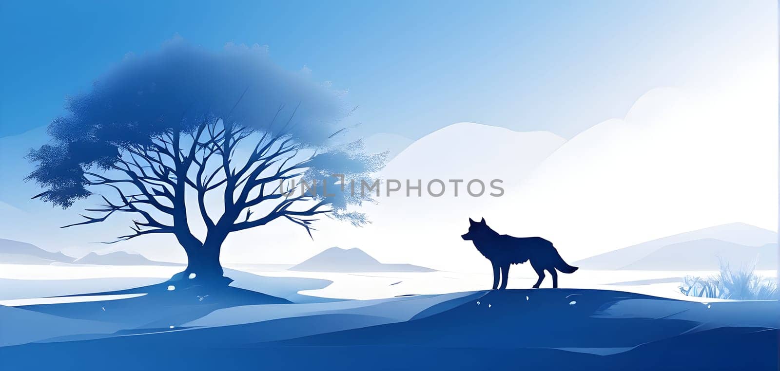 Abstract minimalist winter scene with a single, sharp silhouette of a deer and of a snow-covered tree on a vast, white canvas