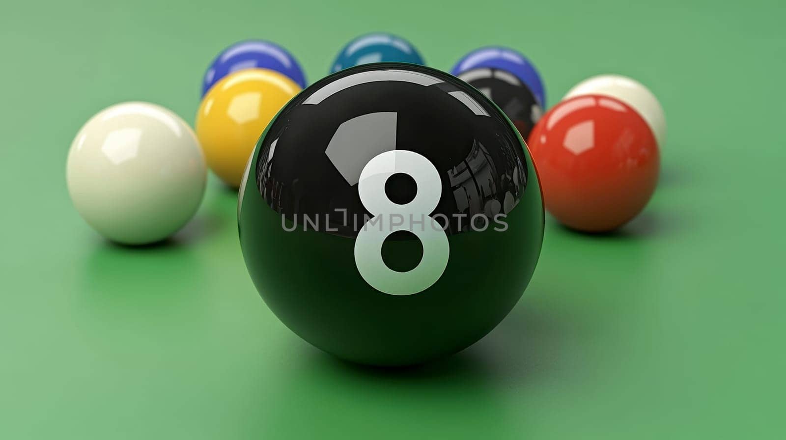 A black snooker ball with eight is placed on the green table, surrounded by other balls of different colors. The black billiard ball has no shadow and stands out against the background of bright green color, creating an atmosphere of excitement for playing. --chaos 30 --ar 16:9 --style raw --stylize 300 --v 6.1 Job ID: 88524494-6b4b-4864-a428-68ef07738f87